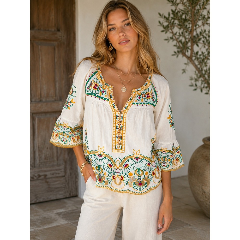 $98 Anthropologie Akemi Kin Bisbee Women sz 6 Cotton Floral Embroidered Top Boho